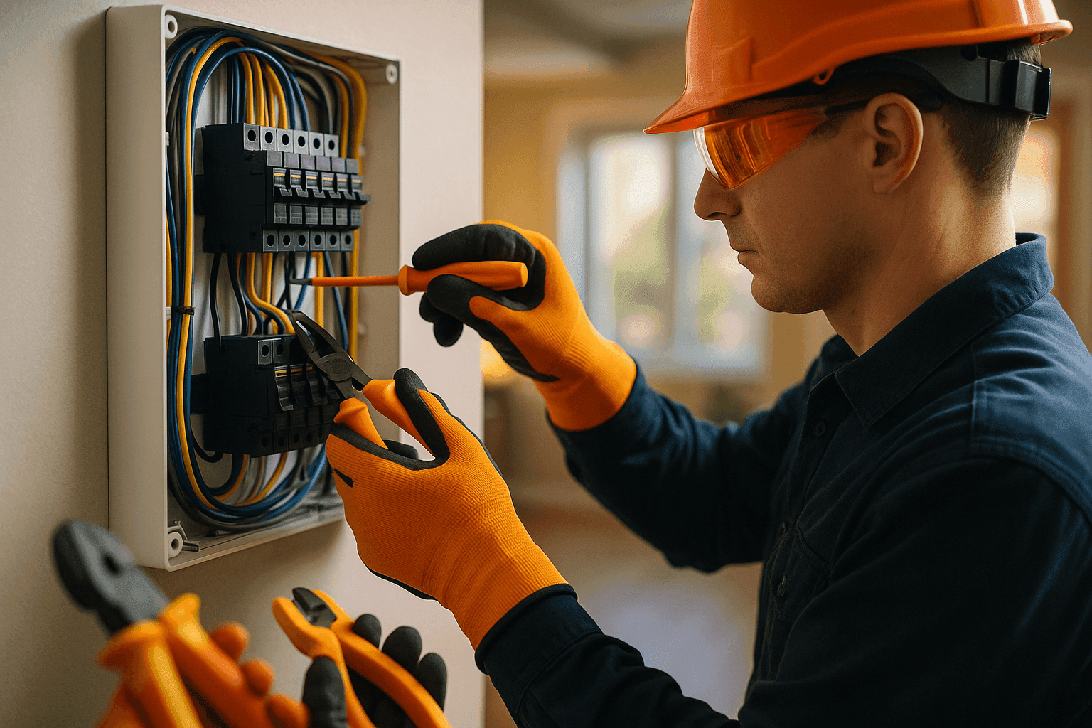 Residential electrician wearing safety gear wiring a clean electrical panel indoors in South Riding