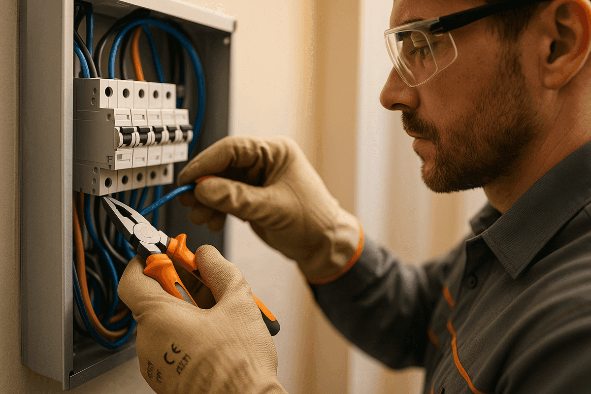 Close-up of electrician’s gloved hands wiring a residential electrical panel safely in South Riding
